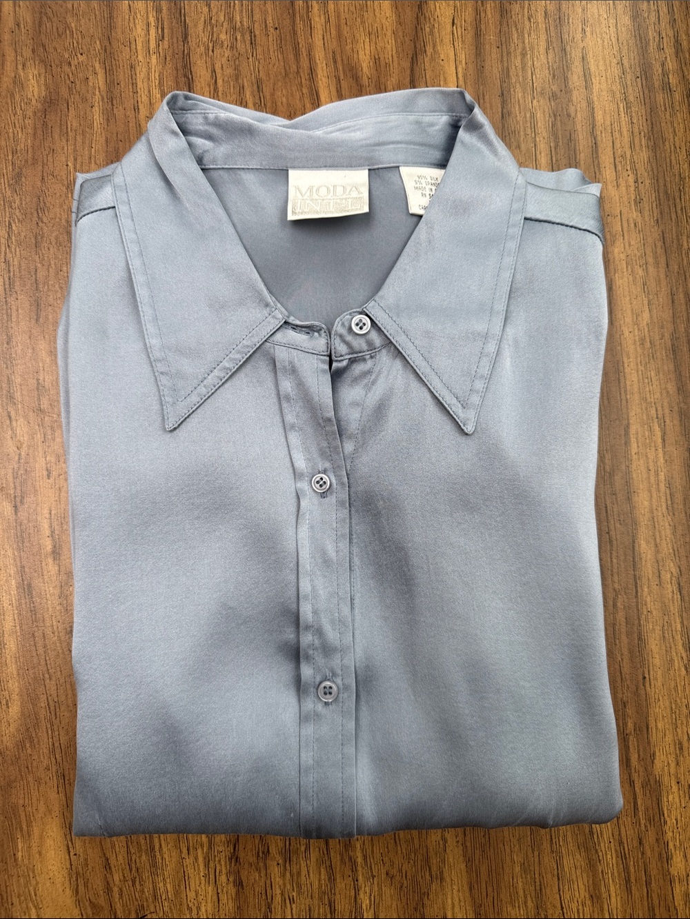 Moda INTL Light Steel Blue Silk Button-Up Blouse